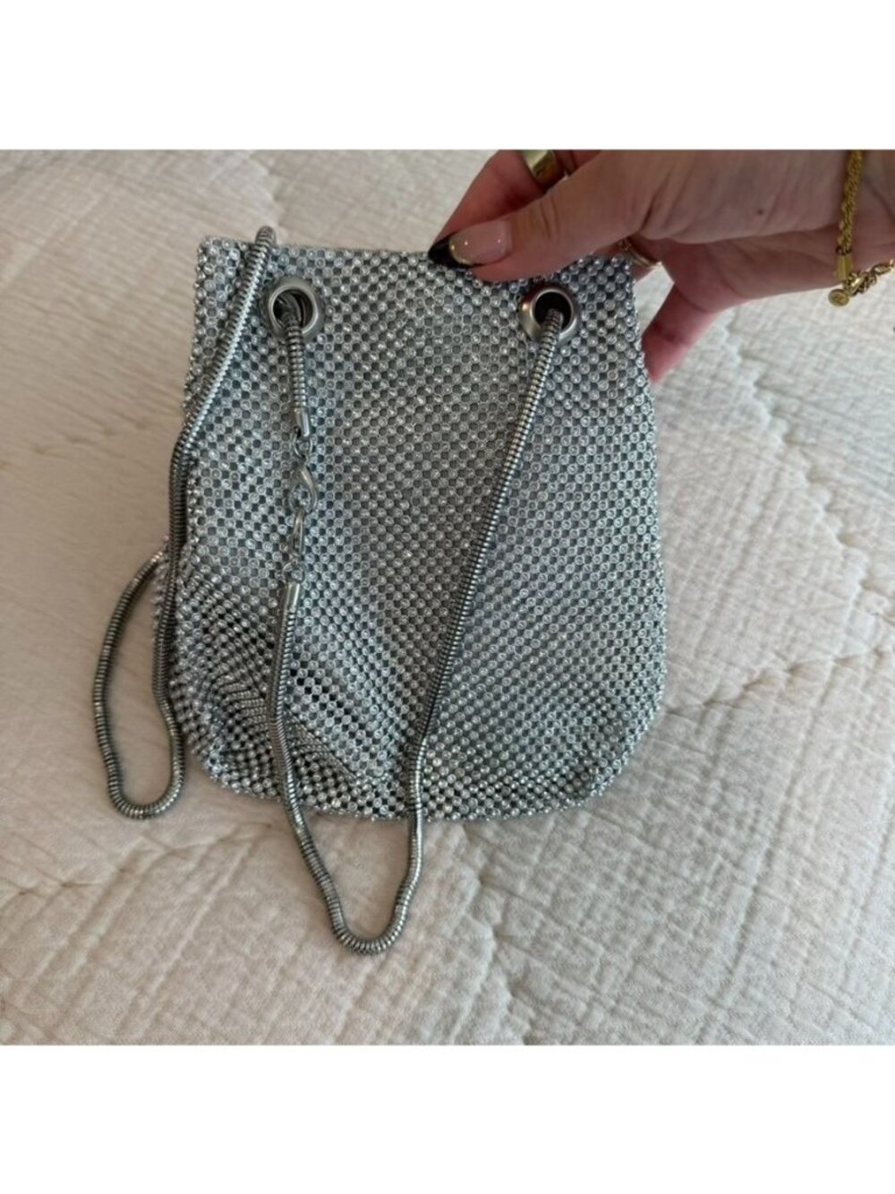 Silver Mesh Rhinestone Clutch Bucket Bag Snake Chain Strap